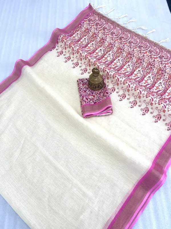 Cream_Premium_Soft_linen_Cotton_Saree_For_Women