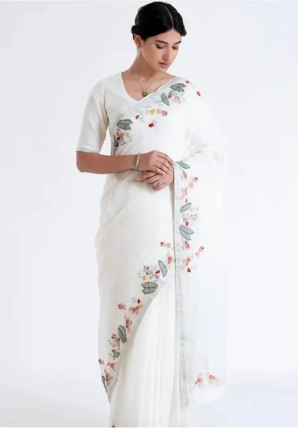 White_Premium_Soft_linen_Cotton_Saree_For_Women