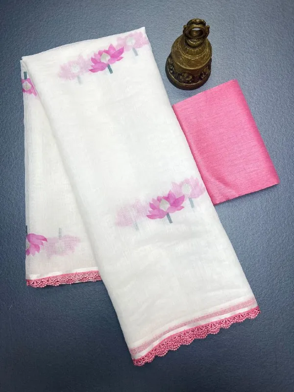 Beautiful_White_Linen_Saree_With_Floral_Print_With_Lace_Border
