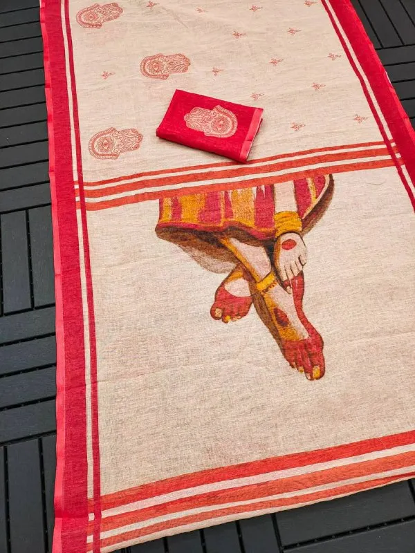 RED_&_WHITE_Colour__soft_linen_cotton_saree_With_Beautiful_Blouse