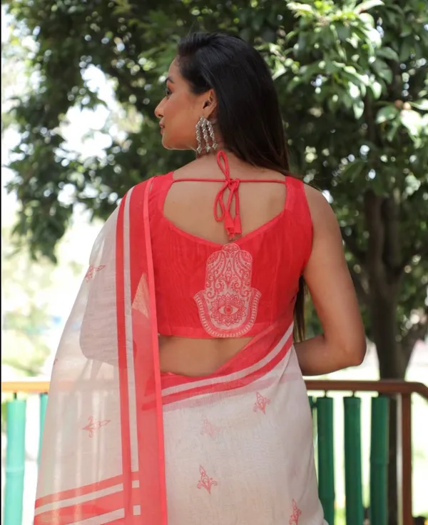 RED_&_WHITE_Colour__soft_linen_cotton_saree_With_Beautiful_Blouse