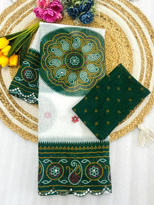 White_&_Green_Premium_Soft_linen_Cotton_Saree_For_Women