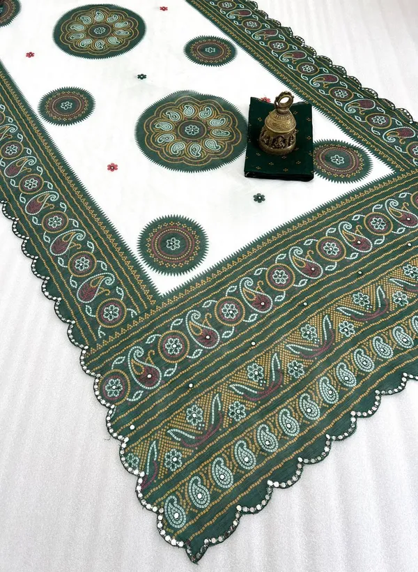 White_&_Green_Premium_Soft_linen_Cotton_Saree_For_Women