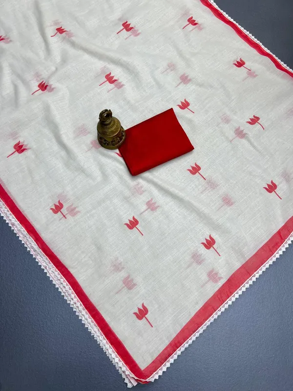 RED_&_WHITE_Colour__soft_linen_cotton_saree_With_Beautiful_Blouse