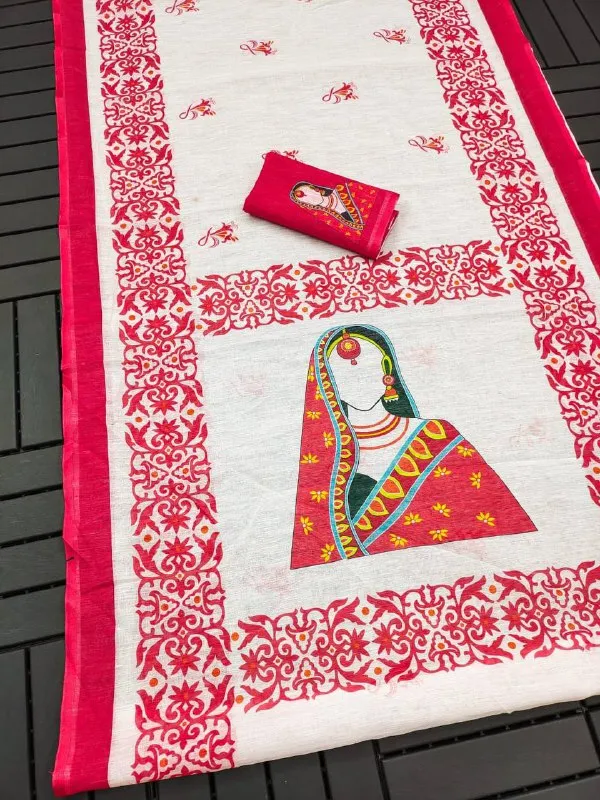 RED_&_WHITE_Colour__soft_linen_cotton_saree_With_Beautiful_Blouse