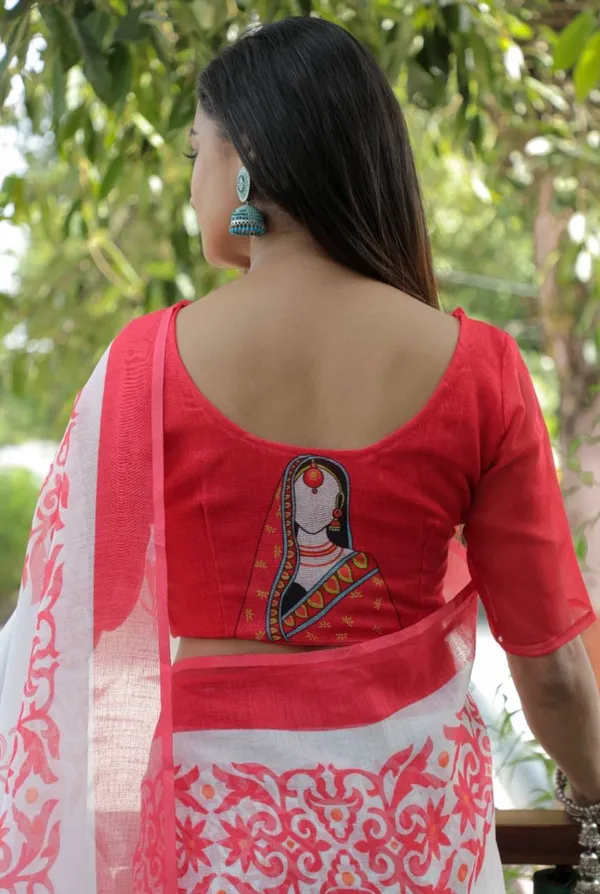 RED_&_WHITE_Colour__soft_linen_cotton_saree_With_Beautiful_Blouse