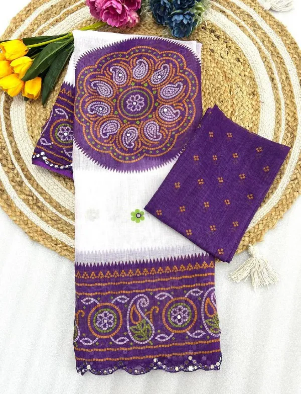 White_&_Purple_Premium_Soft_linen_Cotton_Saree_For_Women