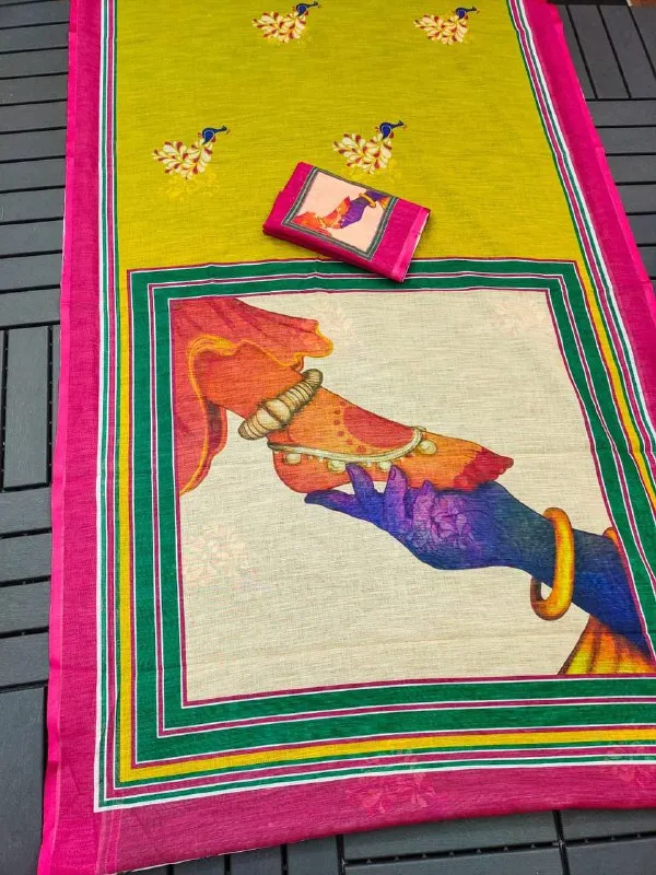 PINK_&_GREEN_Colour__soft_linen_cotton_saree_With_Beautiful_Blouse