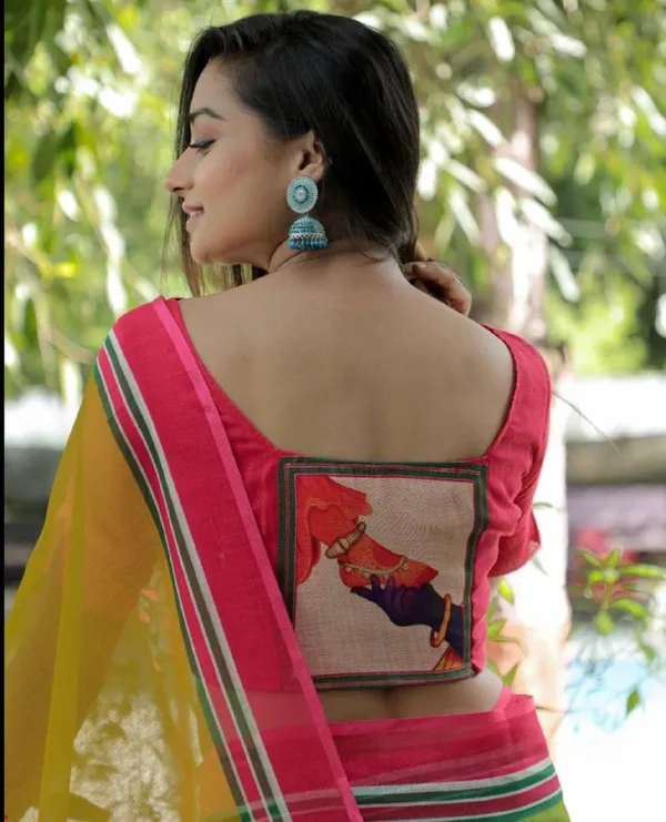 PINK_&_GREEN_Colour__soft_linen_cotton_saree_With_Beautiful_Blouse