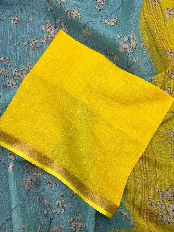 Light_Blue_&_Yellow_Premium_Linen_Cotton_Saree_With_Blouse_For_Women