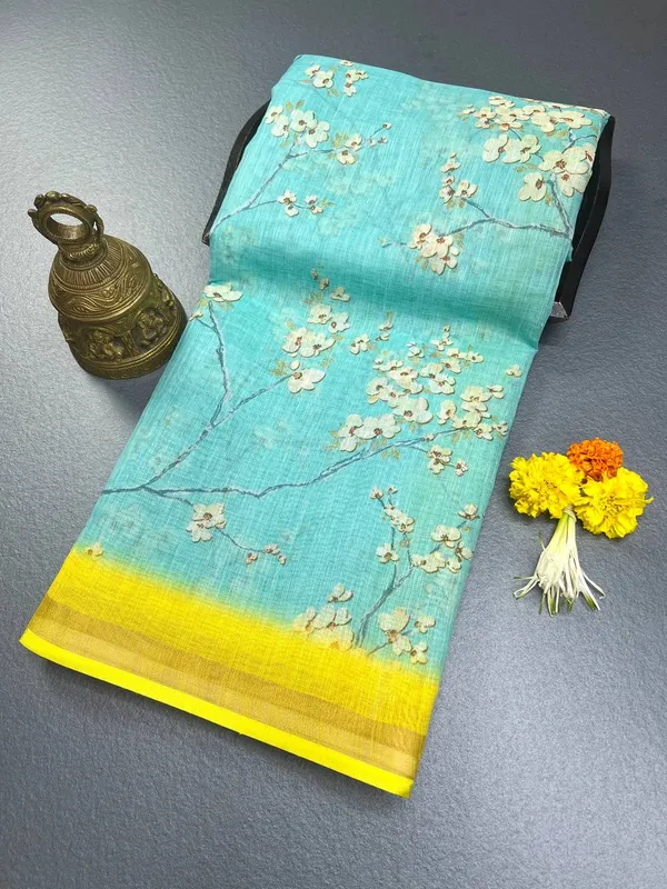 Light_Blue_&_Yellow_Premium_Linen_Cotton_Saree_With_Blouse_For_Women