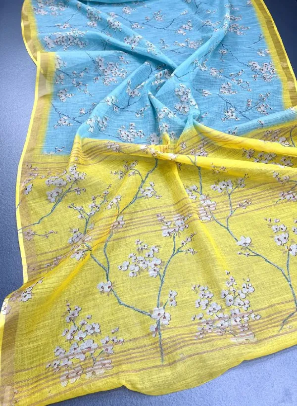 Light_Blue_&_Yellow_Premium_Linen_Cotton_Saree_With_Blouse_For_Women
