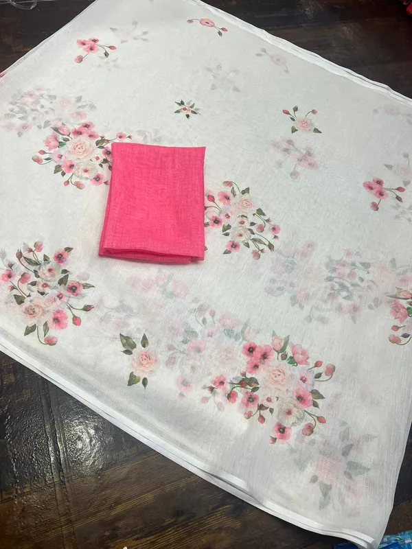 White_&_Pink_Premium_Soft_linen_Cotton_Saree_For_Women