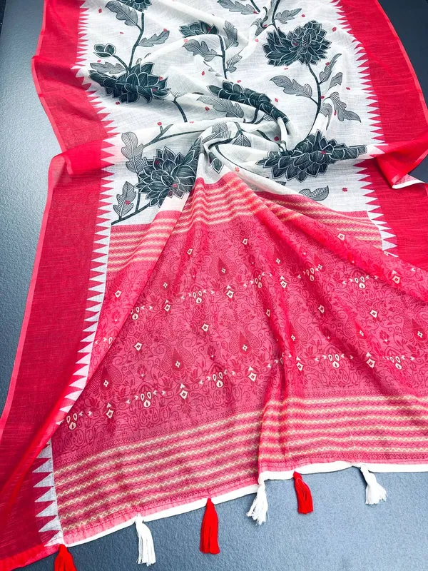 White,_Red_&_Flowery_Black_Premium_Linen_Cotton_Saree_With_Blouse_For_Women