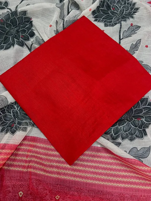 White,_Red_&_Flowery_Black_Premium_Linen_Cotton_Saree_With_Blouse_For_Women
