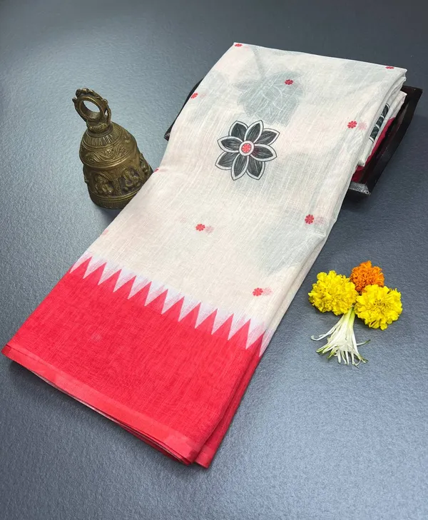 White,_Red_&_Flowery_Black_Premium_Linen_Cotton_Saree_With_Blouse_For_Women