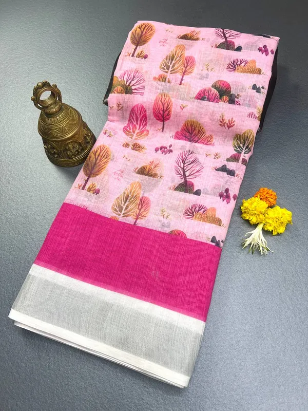 Light_Pink_Premium_Linen_Cotton_Saree_With_Blouse_For_Women