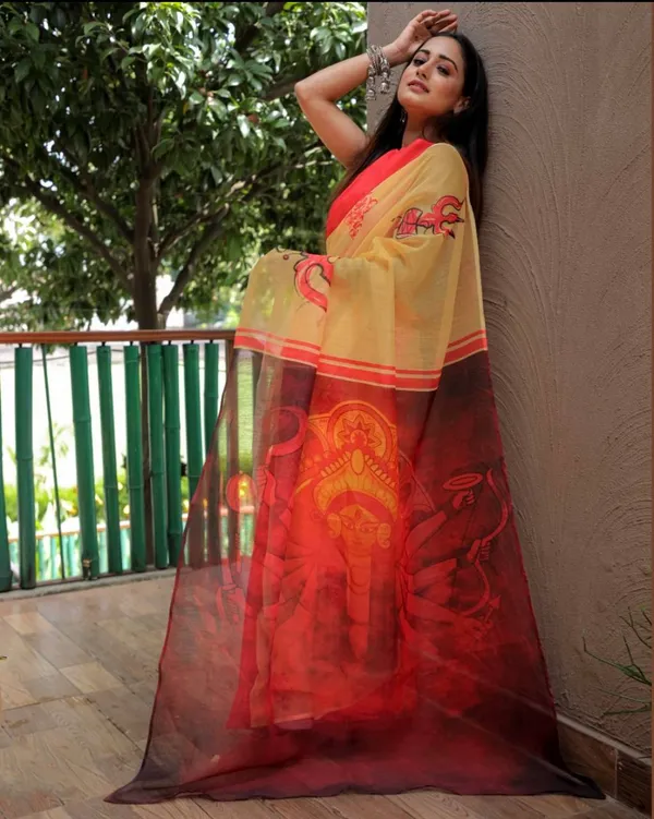 RED_&_YELLOW_Colour__soft_linen_cotton_saree_With_Beautiful_Blouse