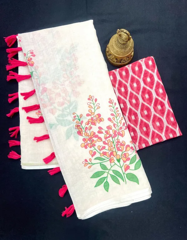 White_&_Pink_Soft_Linen_Cotton_Saree_For_Women
