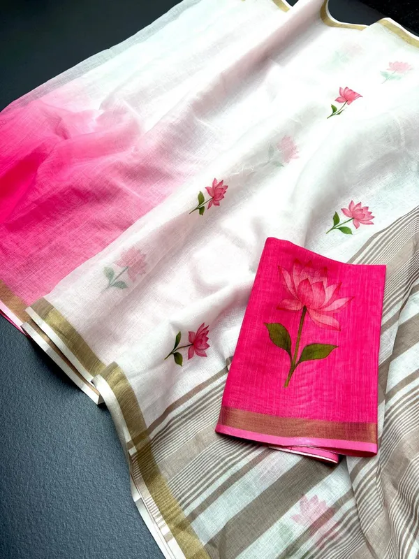 WHITE_&_PINK_FLOWER_SOFT_LINEN_SAREES