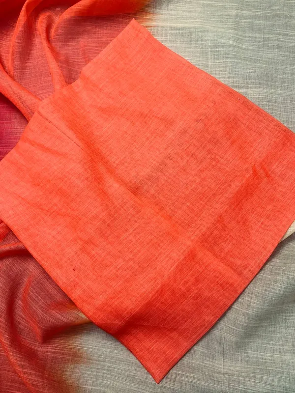 Cream_&_Orange_Premium_Linen_Cotton_Saree_With_Tassels_With_Blouse_For_Women