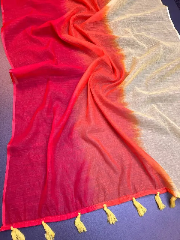 Cream_&_Orange_Premium_Linen_Cotton_Saree_With_Tassels_With_Blouse_For_Women