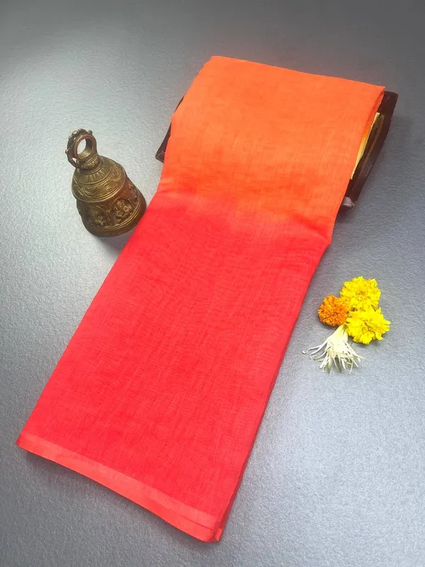Cream_&_Orange_Premium_Linen_Cotton_Saree_With_Tassels_With_Blouse_For_Women