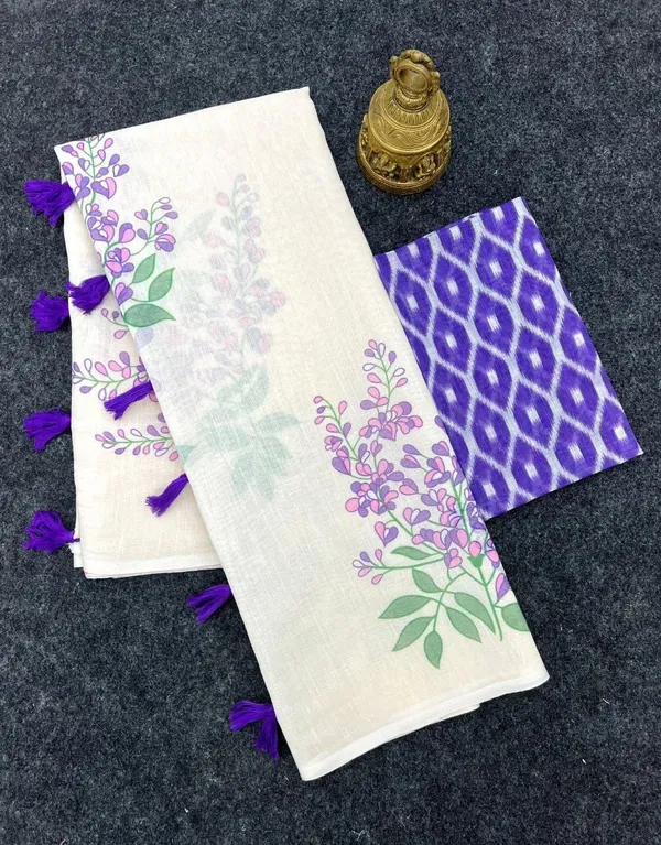 White_&_Purple_Soft_Linen_Cotton_Saree_With_Tassels_For_Women