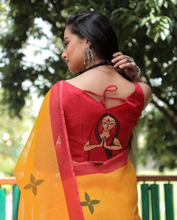 RED_&_YELLOW_Colour__soft_linen_cotton_saree_With_Beautiful_Blouse