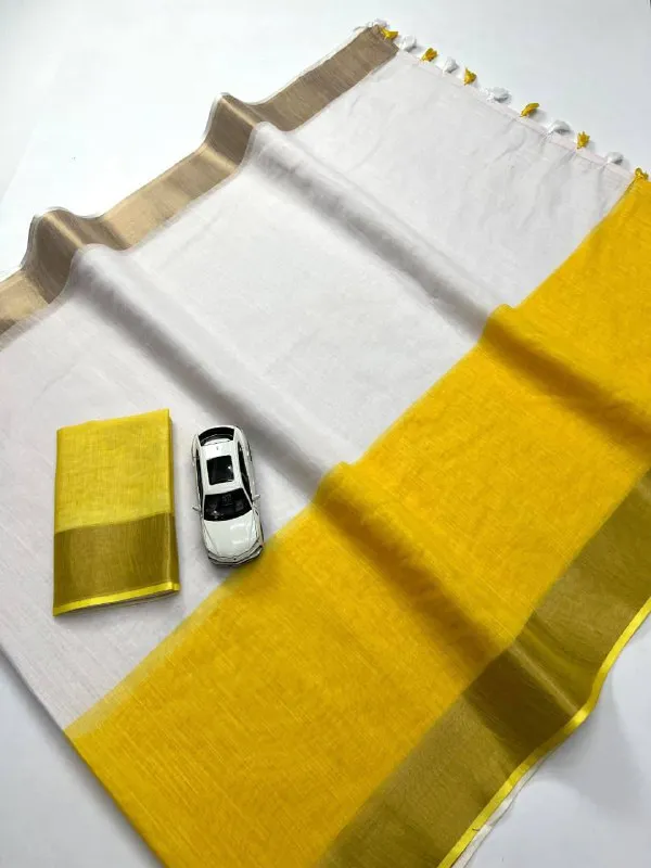 YELLOW_&_WHITE_Colour__soft_linen_cotton_saree_With_Gold_Jari_Border