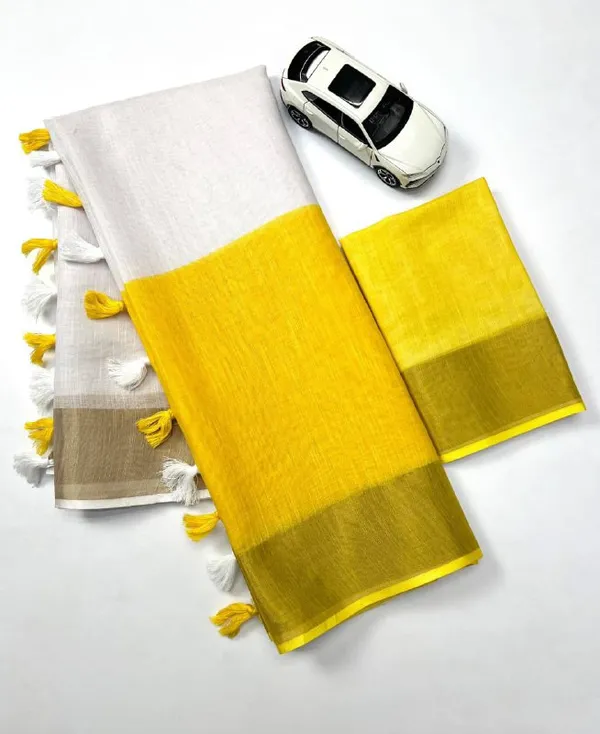YELLOW_&_WHITE_Colour__soft_linen_cotton_saree_With_Gold_Jari_Border