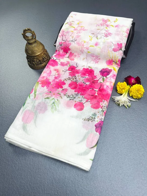 White_&_Pink__Premium_Linen_Cotton_Saree_With_Blouse_For_Women