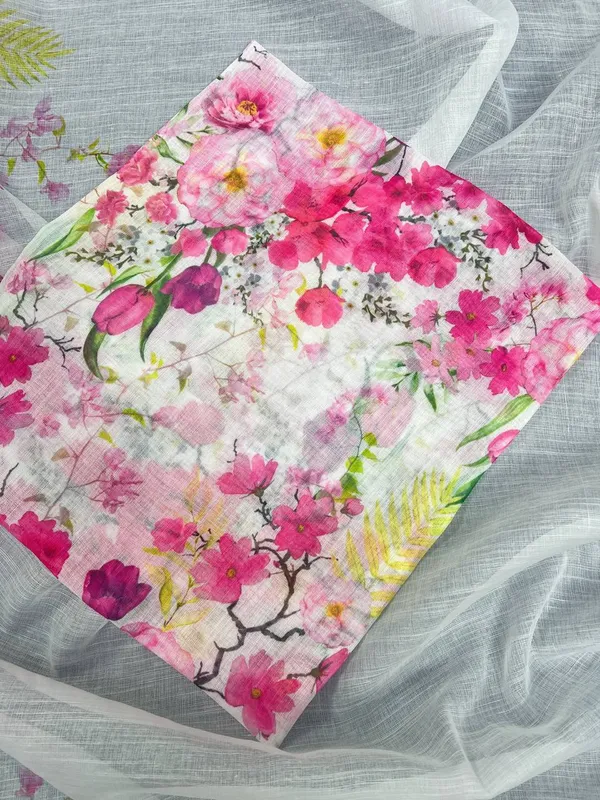 White_&_Pink__Premium_Linen_Cotton_Saree_With_Blouse_For_Women