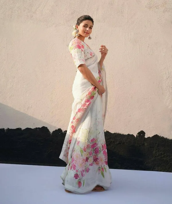 White_&_Pink__Premium_Linen_Cotton_Saree_With_Blouse_For_Women