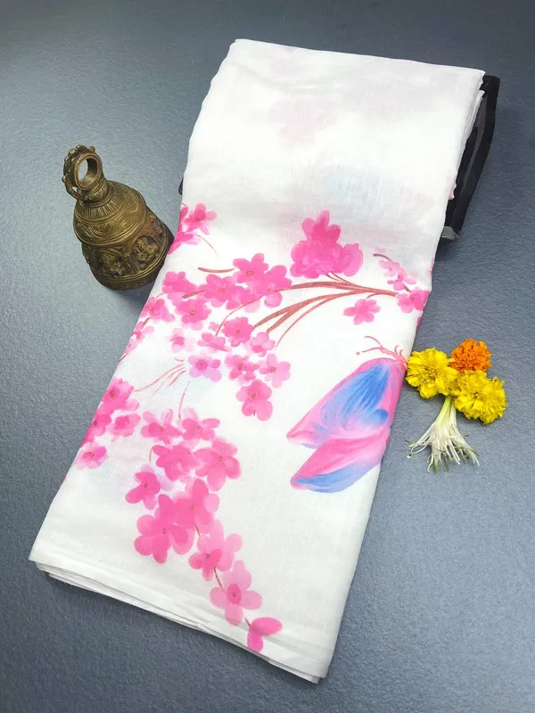 White_Premium_Linen_Cotton_Saree_With_Blouse_For_Women