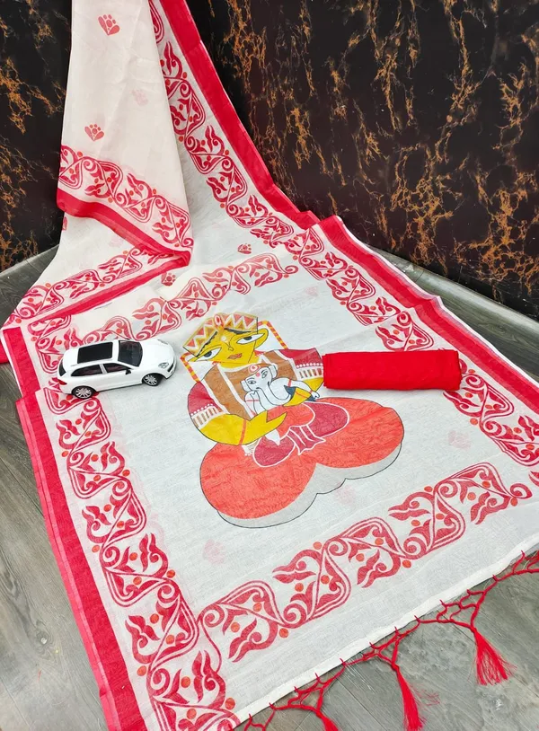 RED_&_WHITE_Colour__soft_linen_cotton_saree_With_Beautiful_Blouse