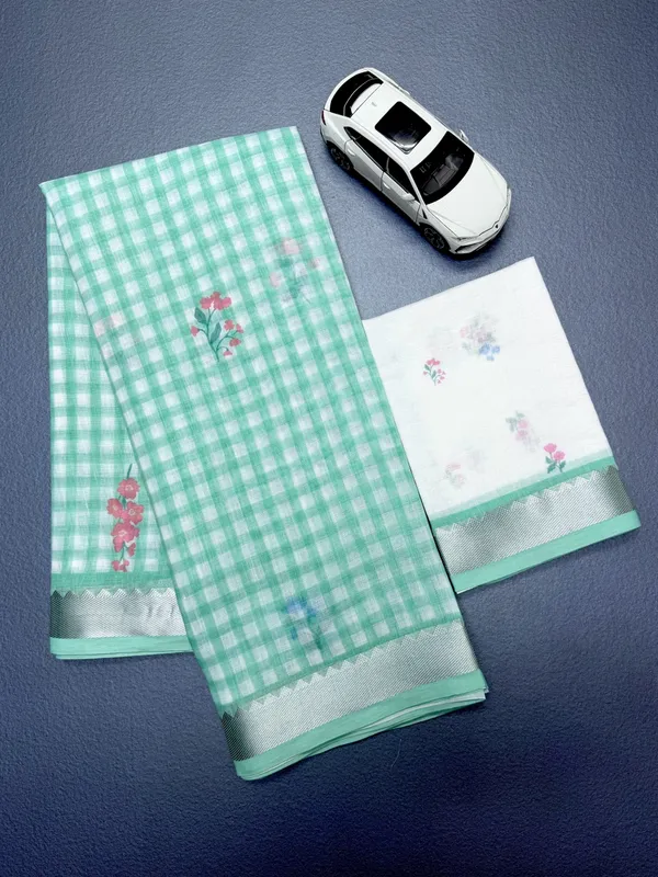 Sky_Premium_Chex_With_SIlver_Zig_Zag_Border_Sarees