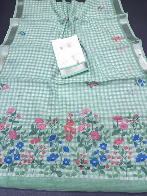 Sky_Premium_Chex_With_SIlver_Zig_Zag_Border_Sarees