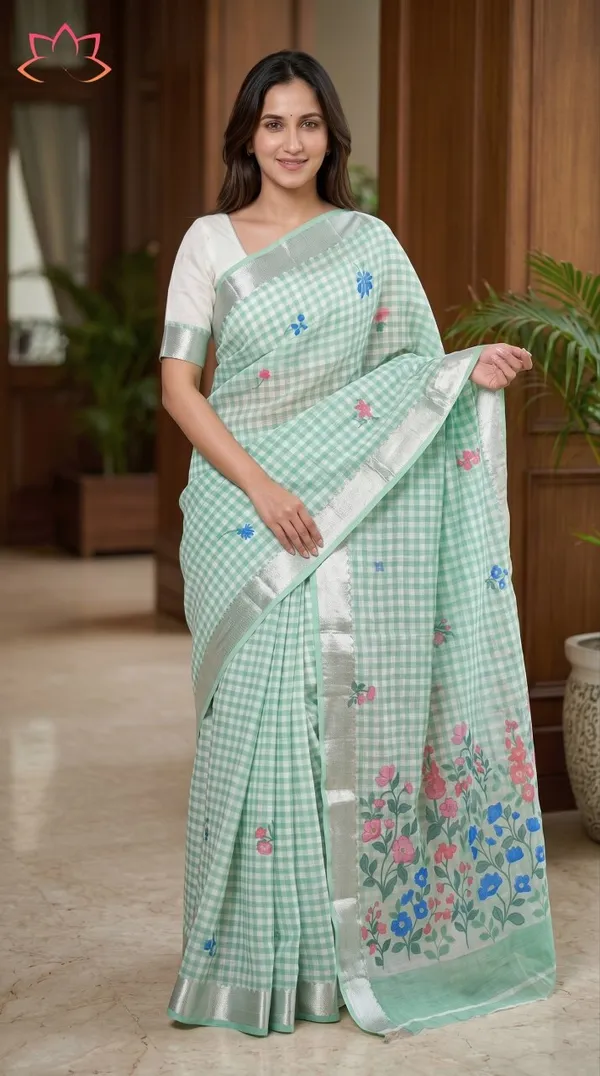 Sky_Premium_Chex_With_SIlver_Zig_Zag_Border_Sarees