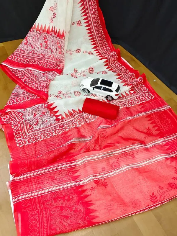 RED_&_WHITE_Colour__soft_linen_cotton_saree_With_Beautiful_Blouse