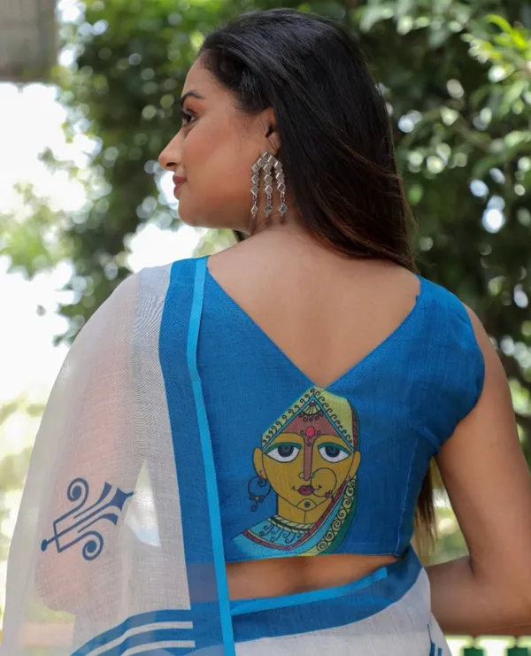 SKY_&_WHITE_Colour__soft_linen_cotton_saree_With_Beautiful_Blouse