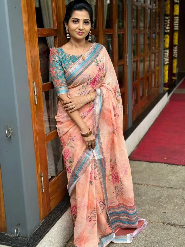 Peach_Soft_Linen_Cotton_Saree_For_Women