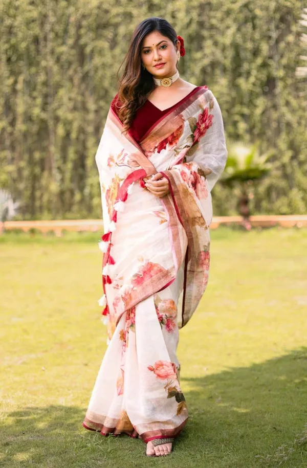 White_&_Maroon_Premium_Soft_linen_Cotton_Saree_For_Women