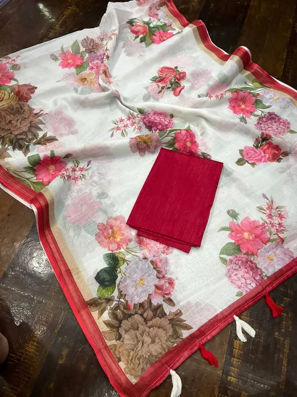 White_&_Maroon_Premium_Soft_linen_Cotton_Saree_For_Women