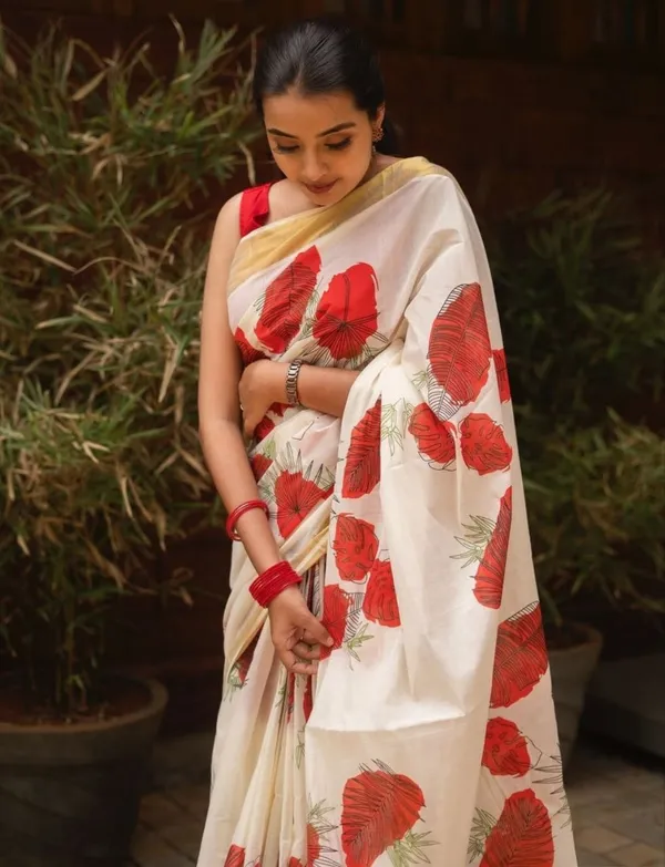 White_&_Red_Leave_Print_Sarees_Trending_Design