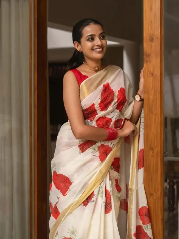 White_&_Red_Leave_Print_Sarees_Trending_Design