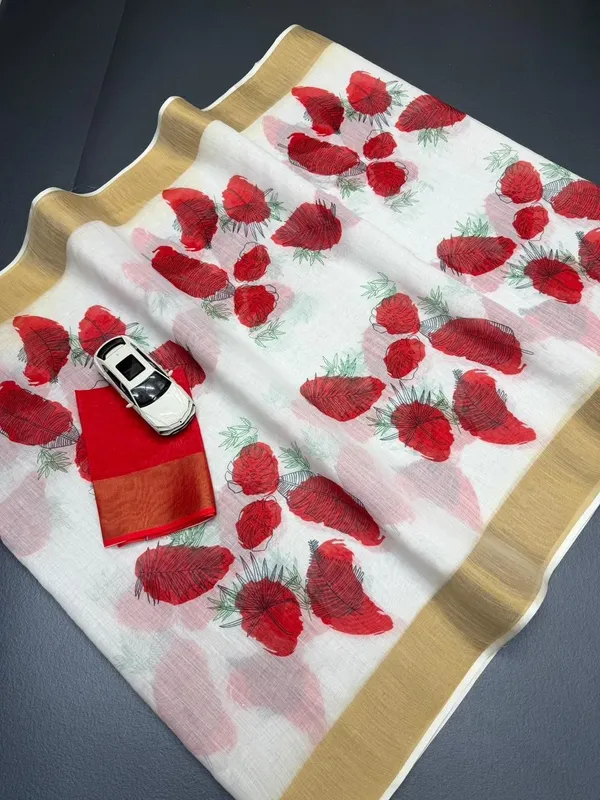 White_&_Red_Leave_Print_Sarees_Trending_Design