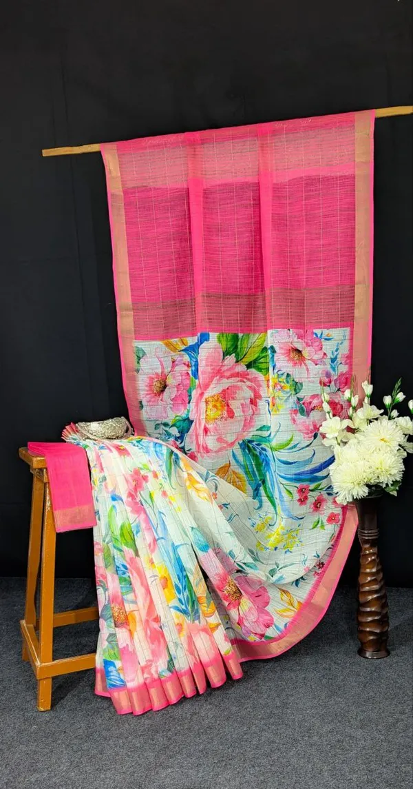 Multi_Colour_Soft_Linen_Cotton_With_Zari_Chex_Fabric_Saree_For_Women