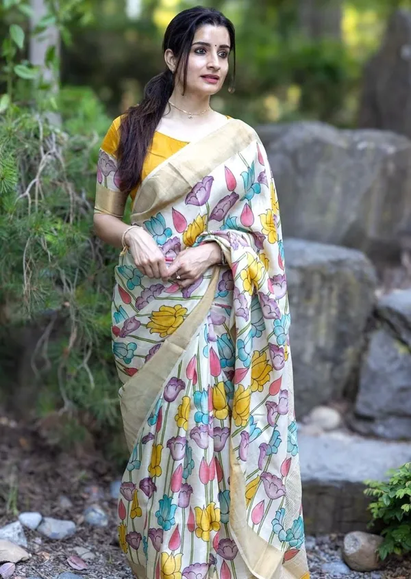 Colourful_Premium_Linen_Cotton_Saree_With_Golden_Zari_Border_Saree_And_Blouse_For_Women