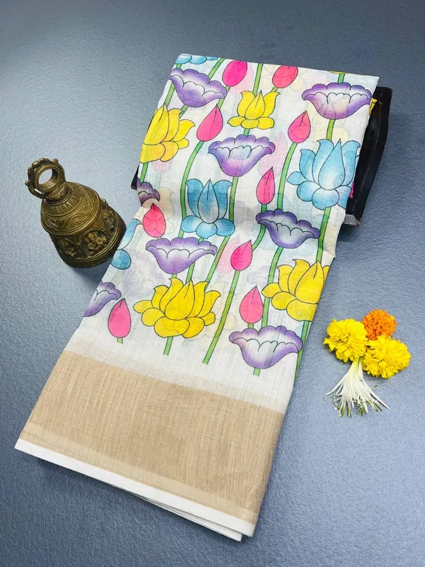 Colourful_Premium_Linen_Cotton_Saree_With_Golden_Zari_Border_Saree_And_Blouse_For_Women